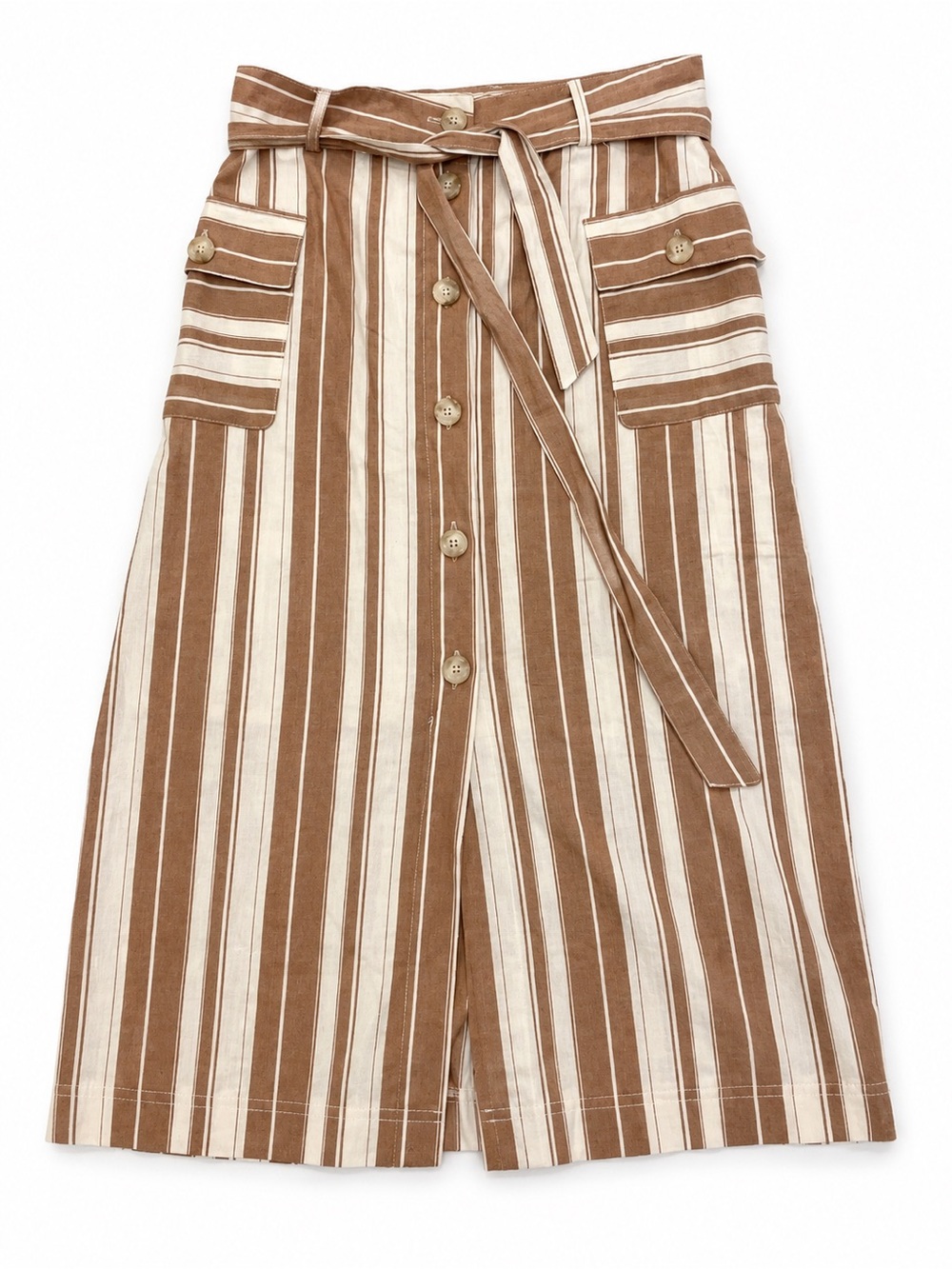 Hem & Thread Brown & Cream Striped Button-Front Midi Skirt with Tie Belt